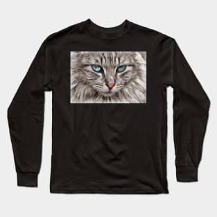 White Cat With Blue Eyes Face Digital Painting Long Sleeve T-Shirt